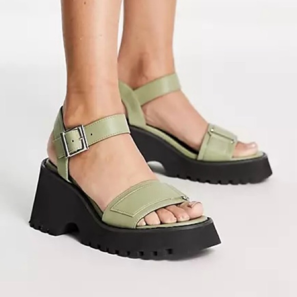 ASOS Design Twine Chunky Platform Sandals Size 8 Green Buckle Lug Sole